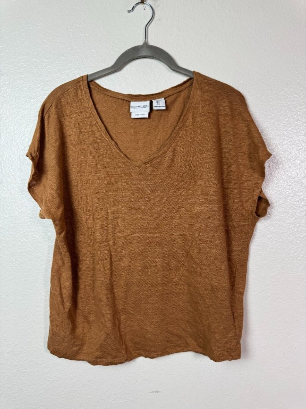 Rachel Zoe Womens Brown 100% Linen V-Neck Short Sleeve Top Size Large Boxy